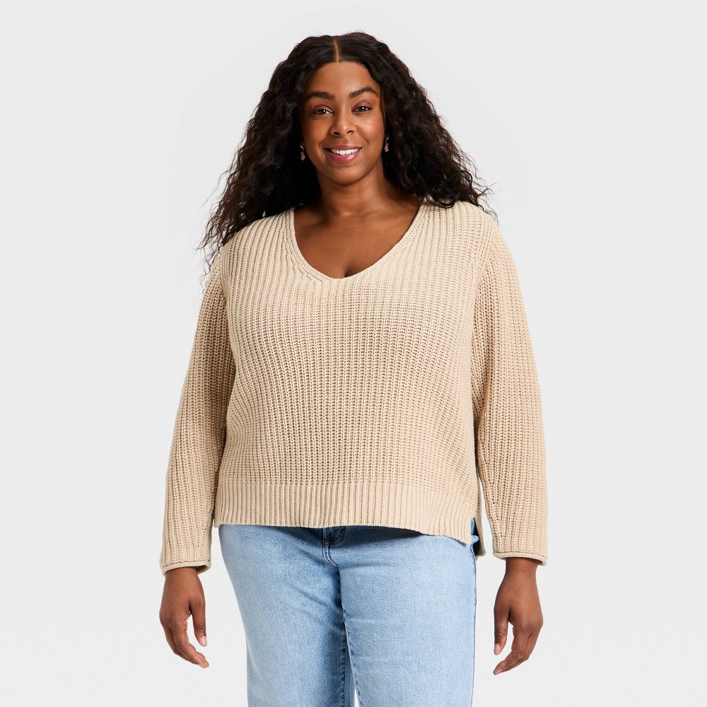 Women's Wide V-Neck Pullover Sweater - Universal Thread™ Oatmeal 3X