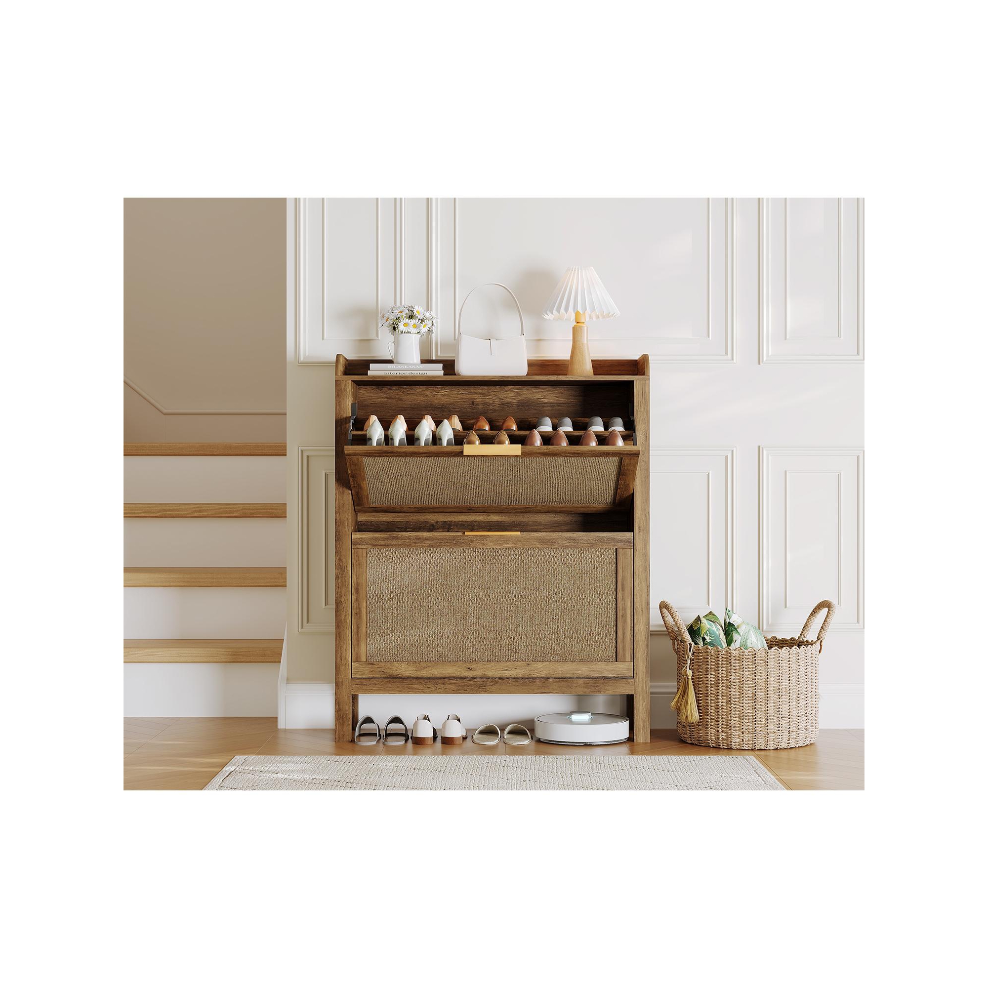 Rattan Shoe Cabinet Farmhouse, 32 Inch Narrow Shoe Storage with 2 Flip-Down Drawers, Freestanding Entryway Organizer with Adjustable Shelves, Brown