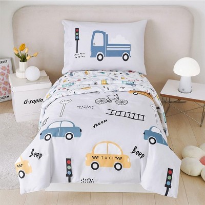 BAFODE 4 Pcs Toddler Bedding Set Cartoon Printed Toddler Bed Toddler Bed Set