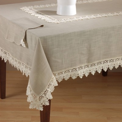 Taupe Lace Trimmed Square Polyester Tablecloth