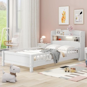BABYYER Wood Twin Size Bed Frame with Storage Headboard and Safety Guardrail, Platform Bed for Boys Girls, No Box Spring Needed - 1 of 4