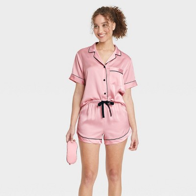 Women&#39;s Satin Short Sleeve Notch Collar Top &#38; Shorts Pajama Set - Stars Above&#8482; Pink L