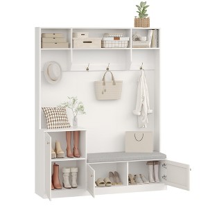 78.8" Hall Tree with Entryway Bench - with 4 Shoe Cubbies, 4 Coat Hooks, 3 Top Open Shelves, Freestanding Cabinet for Hallway Bedroom - 1 of 4
