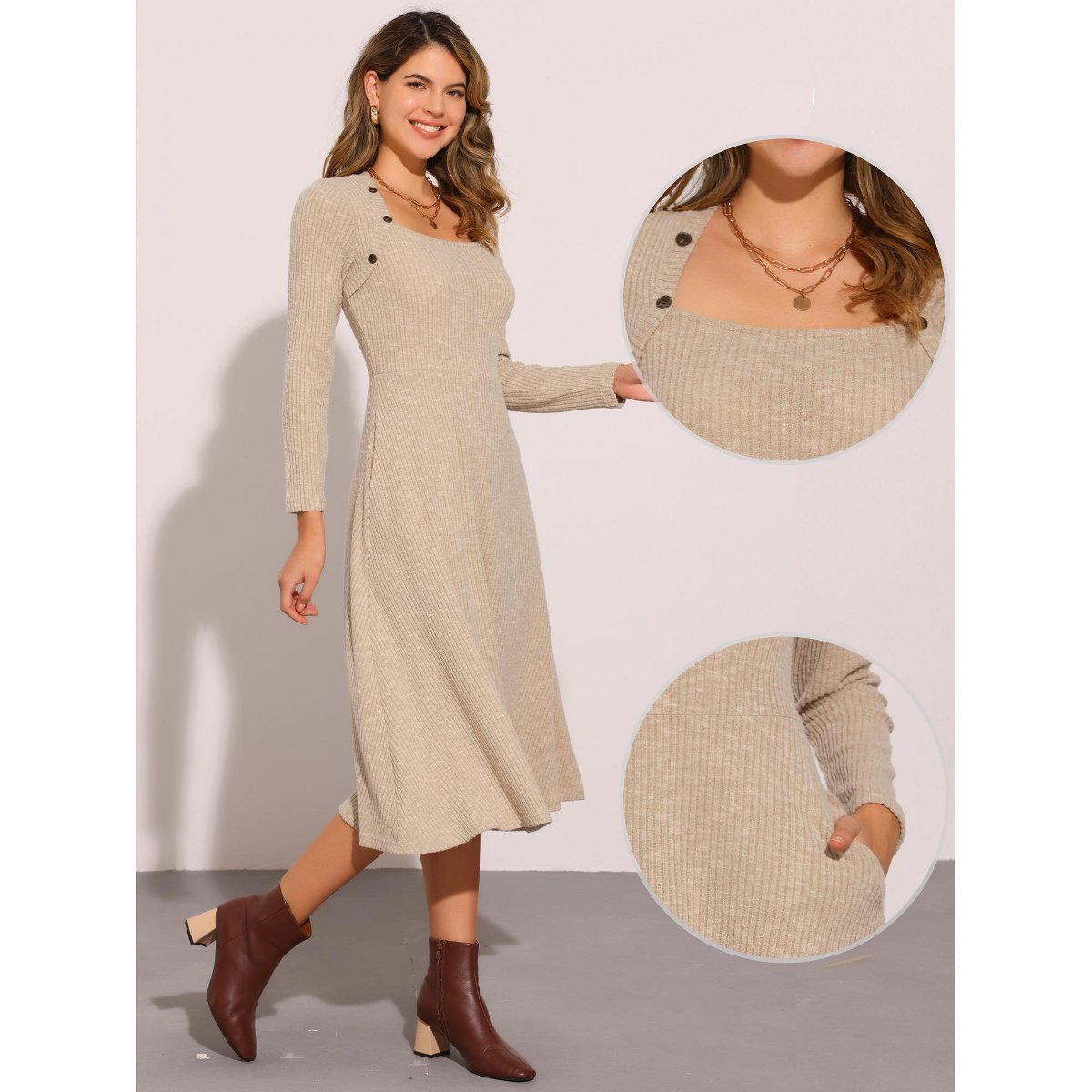 Женские платья INSPIRE CHIC Women's Casual Square Neck A-Line with Pockets Knitted Sweater Dress X-Large Light Khaki — фото 3
