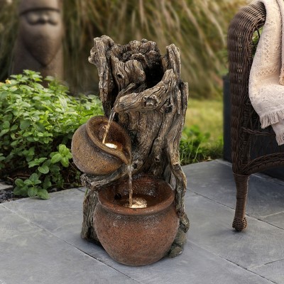 Rustic Brown Resin Tree Trunk and Pots Outdoor Fountain with LED Lights