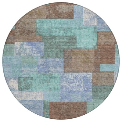 Brown Teal Blue And Ivory Geometric Washable Indoor Outdoor Area Rug