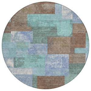 Brown Teal Blue And Ivory Geometric Washable Indoor Outdoor Area Rug - 1 of 4