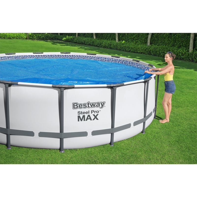 Bestway Flowclear 18 Foot Round Solar Heat Secure Pool Cover for Above Ground Swimming Pools with Storage Bag, Blue (Cover Only), 3 of 8