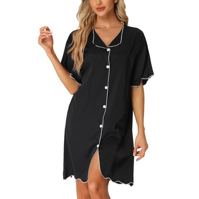 Cheibear Women's Satin Short Sleeve Sleepshirt Button Down Pajama Nightgown  Black Medium : Target