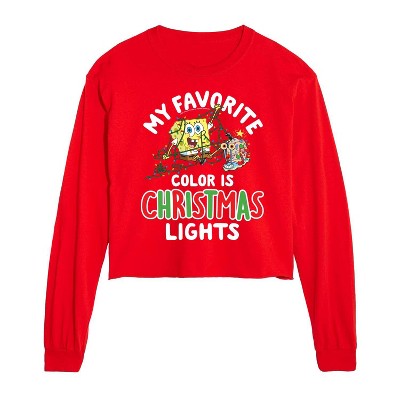 SpongeBob SquarePants My Favorite Color Is Christmas Lights Cropped Long Sleeve T-Shirt - Red - Large