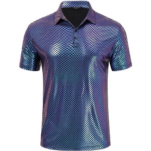 Men's 70s Disco Shirts Shiny Sequins Short Sleeve Party Shirt Slim Fit Nightclub Costume Tops - 1 of 4