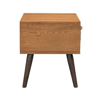 Rustic Oak & Black Leather Tufted 1-Drawer Nightstand