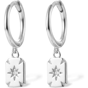 Star Burst Square Dangle Hoop Earrings 925 Sterling Silver | Cubic Zirconia Crystal | Hypoallergenic Fashion Jewelry - 1 of 4