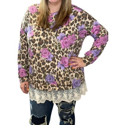Women's Lace Trim Floral Animal Sweater - honeyme