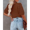 Womens Short Sleeve Lightweight Sweaters Crewneck Knit Pullover Tops with Crochet Sleeve Casual Crochet Blouse Shirt for Spring, Summer - 3 of 4