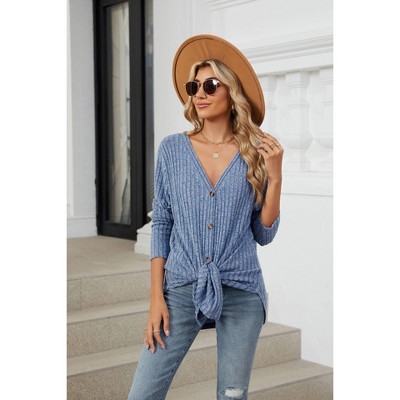 Womens Cardigan V Neck Long Sleeve Twist Front Button Up Sweater Cardigan