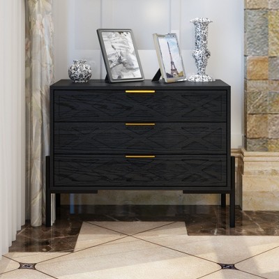 FUFU&GAGA Contemporary Black Standing Dresser with Geometric Texture & Golden Handles for Bedroom and Closet Storage