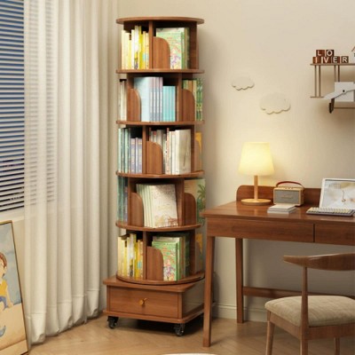 6-Tier Modular 360° Rotating Corner Bookshelf with Wheels, Round Freestanding Bookcase for Bedroom, Living Room, or Study Room – The Pop Home