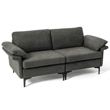 Costway Modern Loveseat Fabric 2-Seat Sofa Couch for Small Space w/ Metal Legs Blue\Rust Red