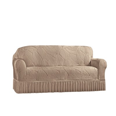 Taupe Textured Leaf Design Ruffled Skirt Loveseat Slipcover
