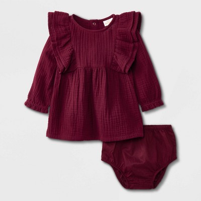 Baby Girls' Gauze Long Sleeve Dress - Cat & Jack™ Burgundy 0-3M