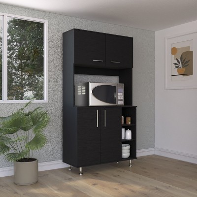 Black Engineered Wood Kitchen Pantry Cabinet with Adjustable Metal Legs