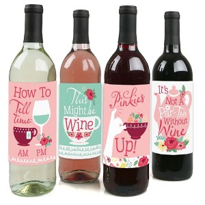 Big Dot of Happiness Floral Let's Par-Tea - Garden Tea Party Decorations for Women and Men - Wine Bottle Label Stickers - Set of 4 - 1 of 4
