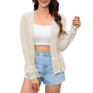 Women Hollow Out Cardigan Sweater Crochet Knit Shrugs Long Sleeves with Ruffled Hem - 1 of 4