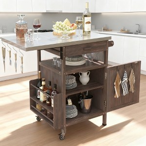 BAOURE 40.5" Outdoor Grill Cart with Stainless Steel Top, Solid Wood Storage Cabinet with Drop Leaf, Lockable Wheels - Brown - 1 of 4