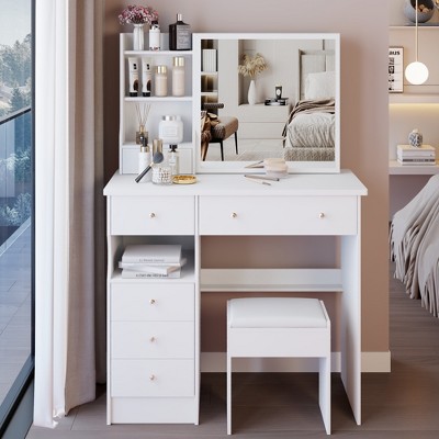 VYNXARIA 37" Middle Size Left Drawer Desktop Vanity Table&Cushioned Stool,Extra Large Right sliding mirror,Suitable For Large Space,White