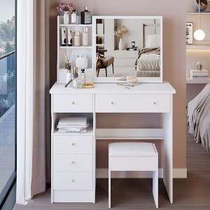 VYNXARIA 37" Middle Size Left Drawer Desktop Vanity Table&Cushioned Stool,Extra Large Right sliding mirror,Suitable For Large Space,White - 1 of 4