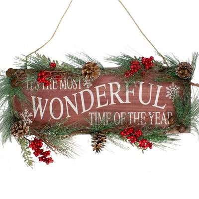 Northlight 28" Berries and Frosted Pinecones "It's The Most Wonderful Time Of The Year" Christmas Plaque