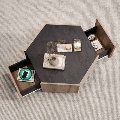 SAINTCY Hexagon Coffee Table, Modern Small End Tables with Drawers for Bedroom Living Room Study Office
