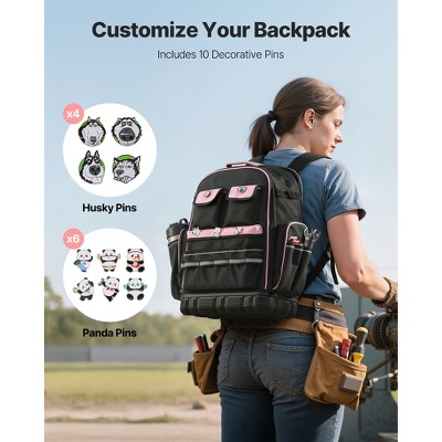 VEVOR Tool Backpack, 56 Pockets, Heavy-duty Tools Storage Organizer Work Bags with Laptop Compartment & Molded Base, Black+Pink — фото 6