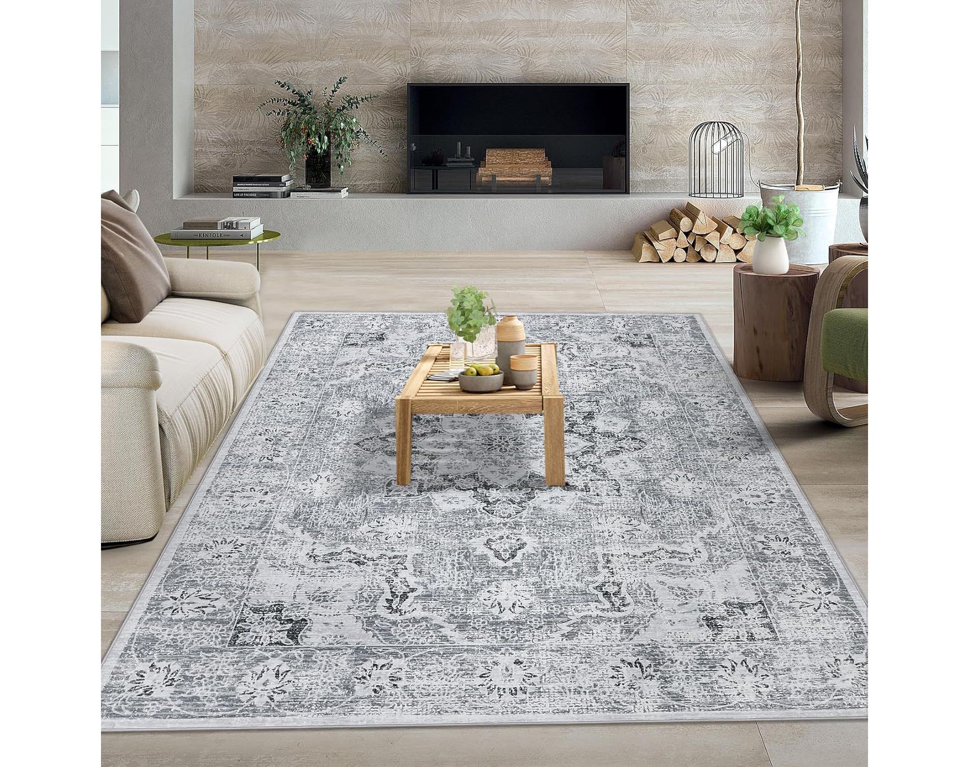 Acekool 5x7 Washable Area Rug - Boho Vintage Distressed Design, Stain Resistant Low Pile Rug for Living Room, Bedroom, Office, Grey