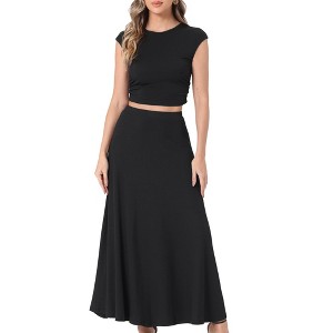 Allegra K Women's Two Piece Ribbed Knit Crew Neck Short Sleeve Cropped Top and Elastic Waist A-Line Midi Skirt Set - 1 of 4