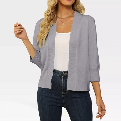 Women's Lightweight 3/4 Sleeve Cropped Cardigan Sweater Open Front Short Shrugs,Grey - XL