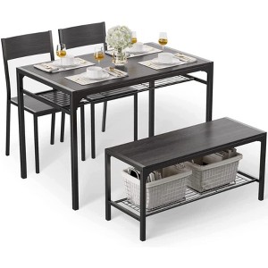 Dining Table Set for 4, 4 Pieces Dining Table Set for Home, Table and Bench wth Storage Rack, Dinner Table Set with Metal Frame - 1 of 4