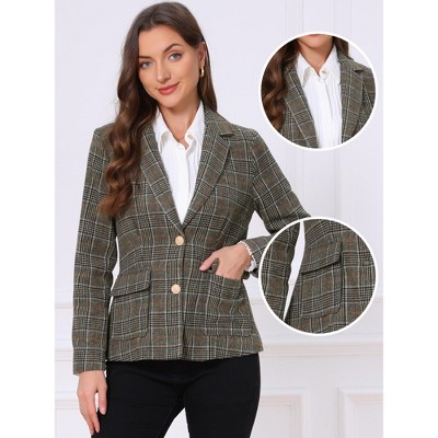 INSPIRE CHIC Women's Notched Lapel Long Sleeves Faux Suede Elbow Patches Single Breasted Plaid Blazer with Pockets X-Small Coffee Plaid — фото 2