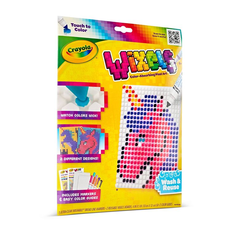 Crayola Wixels color-absorbing pixel art kit packaging featuring a unicorn design and text highlighting markers, color guides, and washable features.