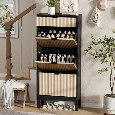 Shoe Storage Cabinet with 3 Flip Drawers, Farmhouse Fluted Shoe Organizer with Metal Legs, Freestanding Shoe Rack for Entryway, Foyer, Hallway
