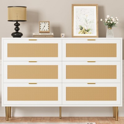 Rattan 6 Drawer Dresser for Bedroom, White Chest of Drawers with Gold Legs, Wide Dresser Organizer with Large Tabletop for Living Room Nursery