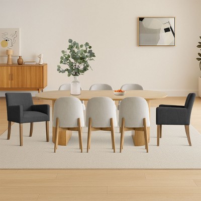 7-piece Dining Room Table Set, Oak Oval Table with 6 Linen Fabric Dining Chair and 2 Captain's Chair with Solid Wood Legs, Dining Room- Maison Boucle