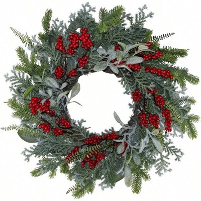 20 Inch Green Faux Pine Wreath with Red Berry Mixed with Norfolk Cypress Cedar Lamb Ear Xmas Winter Wreaths for Front Door