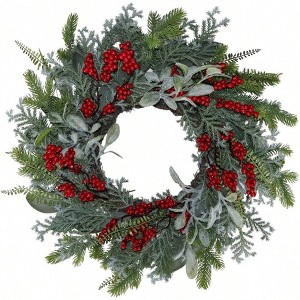 20 Inch Green Faux Pine Wreath with Red Berry Mixed with Norfolk Cypress Cedar Lamb Ear Xmas Winter Wreaths for Front Door - 1 of 4