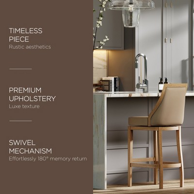 Weathered Oak and Beige Leather Swivel Bar Stool