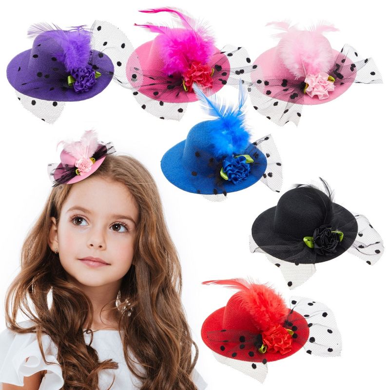 Juvale 6 Pack Mini Tea Party Hats for Women, Fancy Hair Fascinators for Girls in 6 Colors, 4 In, 1 of 10