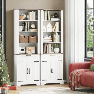 4 Tier Bookshelf with Storage Cabinet, 72" Tall Farmhouse Bookcase with and Barn Door and Drawer, Tall Bookshelf with Adjustable Shelves, White - 1 of 4
