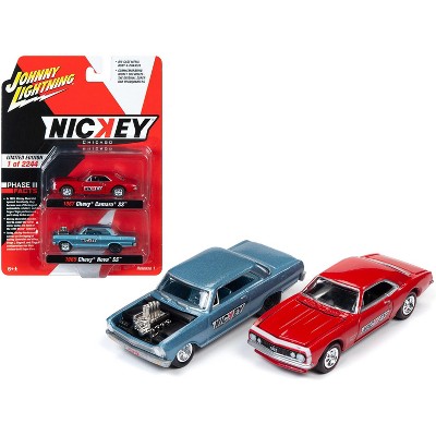 1965 Chevrolet Nova SS Blue Met. & 1967 Chevrolet Camaso SS Red 2 pc Set "Nickey" Ltd Ed 2244 pcs 1/64 Johnny Lightning