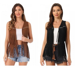 INSPIRE CHIC Women's 70s Western Open Front Faux Suede Fringe Vest 2 Packs - 1 of 4